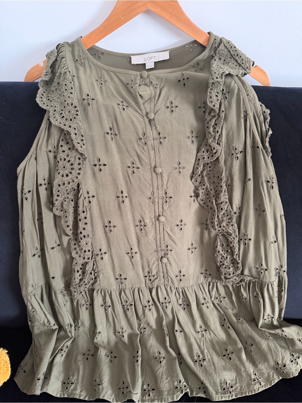 LOFT Olive Eyelet Button-Front Ruffle Tunic - Picture 3 of 3